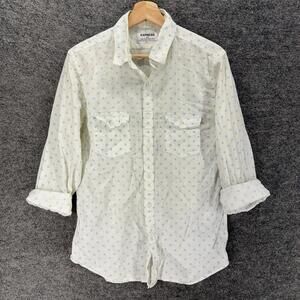 Express Shirt Men M Medium White Polka Dot Button Up 3/4 Sleeve Collared Linen